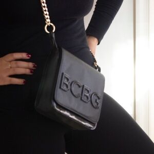 BCBG Paris Black Faux Leather Gold Chain Crossbody Handbag, Vegan EUC